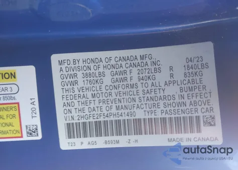 2023 Honda Civic Sport from USA, damaged, VIN 2HGFE2F54PH541490